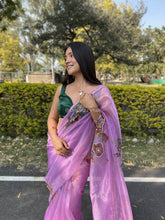 White Pearl Work Pure Organza Pink Saree